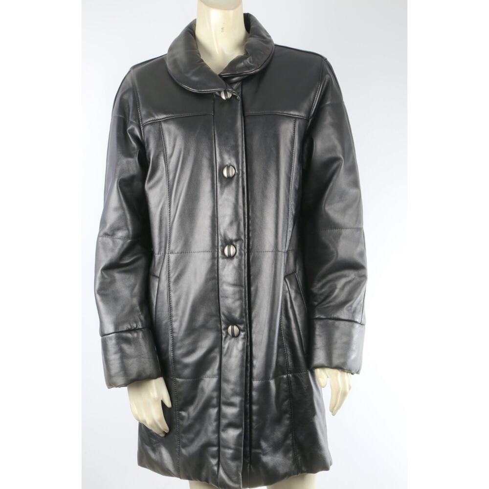 SIBYLLE LYN Black Leather Long Sleeve Button Long Coat Size M